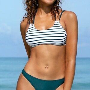 NWT White Green Stripe Bikini Set Size Small Bathing Suit Beach Pool